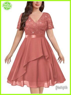 Plus Size Sequin Lace Midi Cocktail Dress Ruffle Sleeve Wedding Guest
